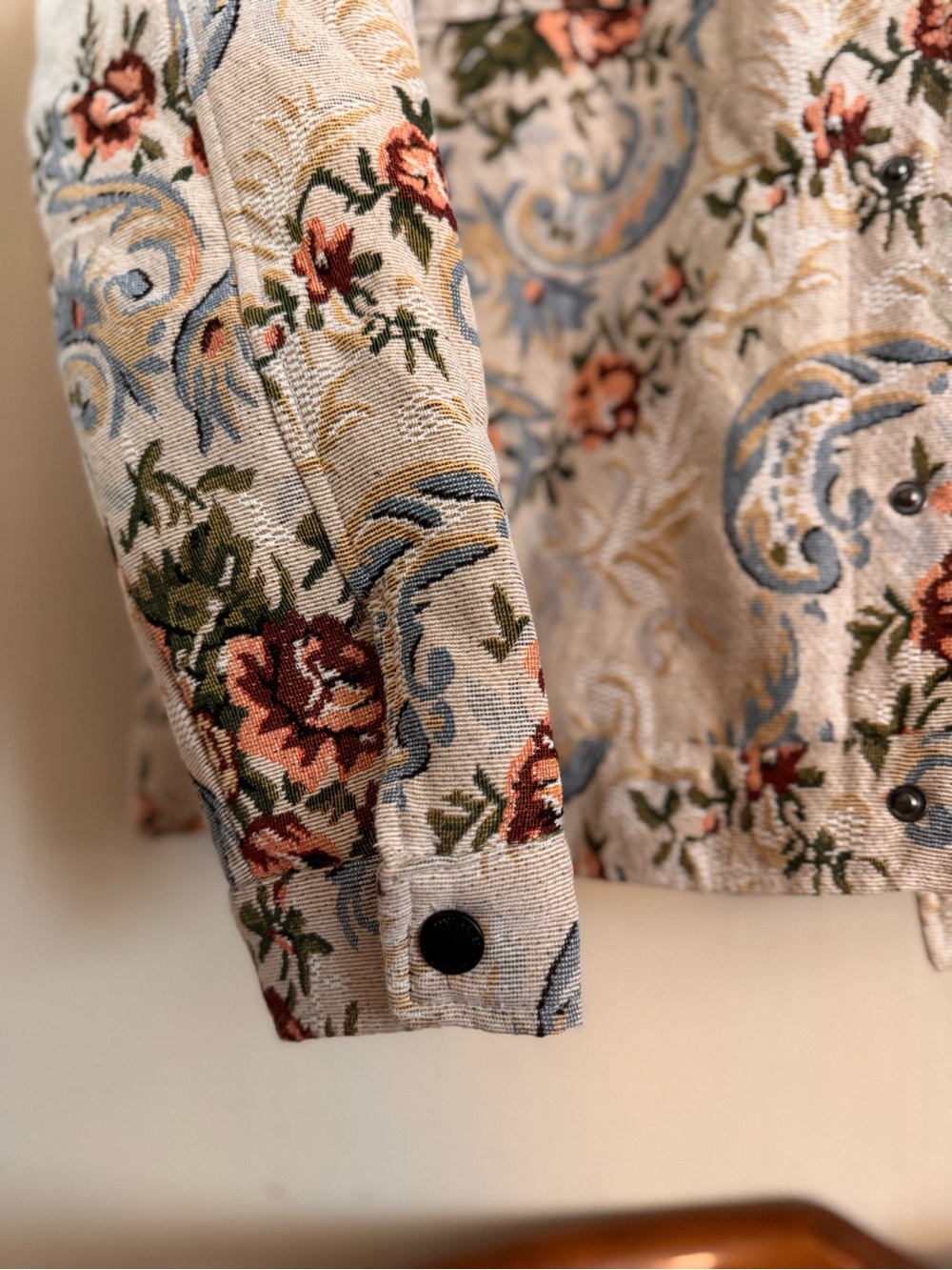 Copper Key Cream Tapestry Jean Jacket with Blue Scrolls & Red Floral - Picture 3 of 8